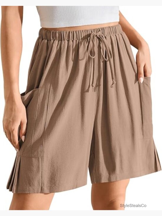 Pants - Linen Bermuda Shorts Wide Leg Drawstring High Waisted Casual Summer Beach Long
